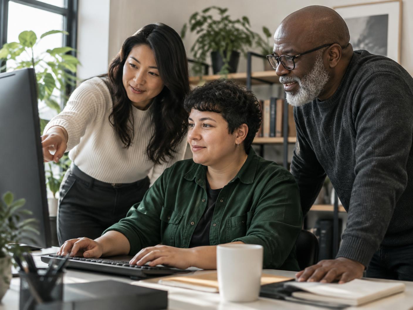 Three colleagues working together at a computer