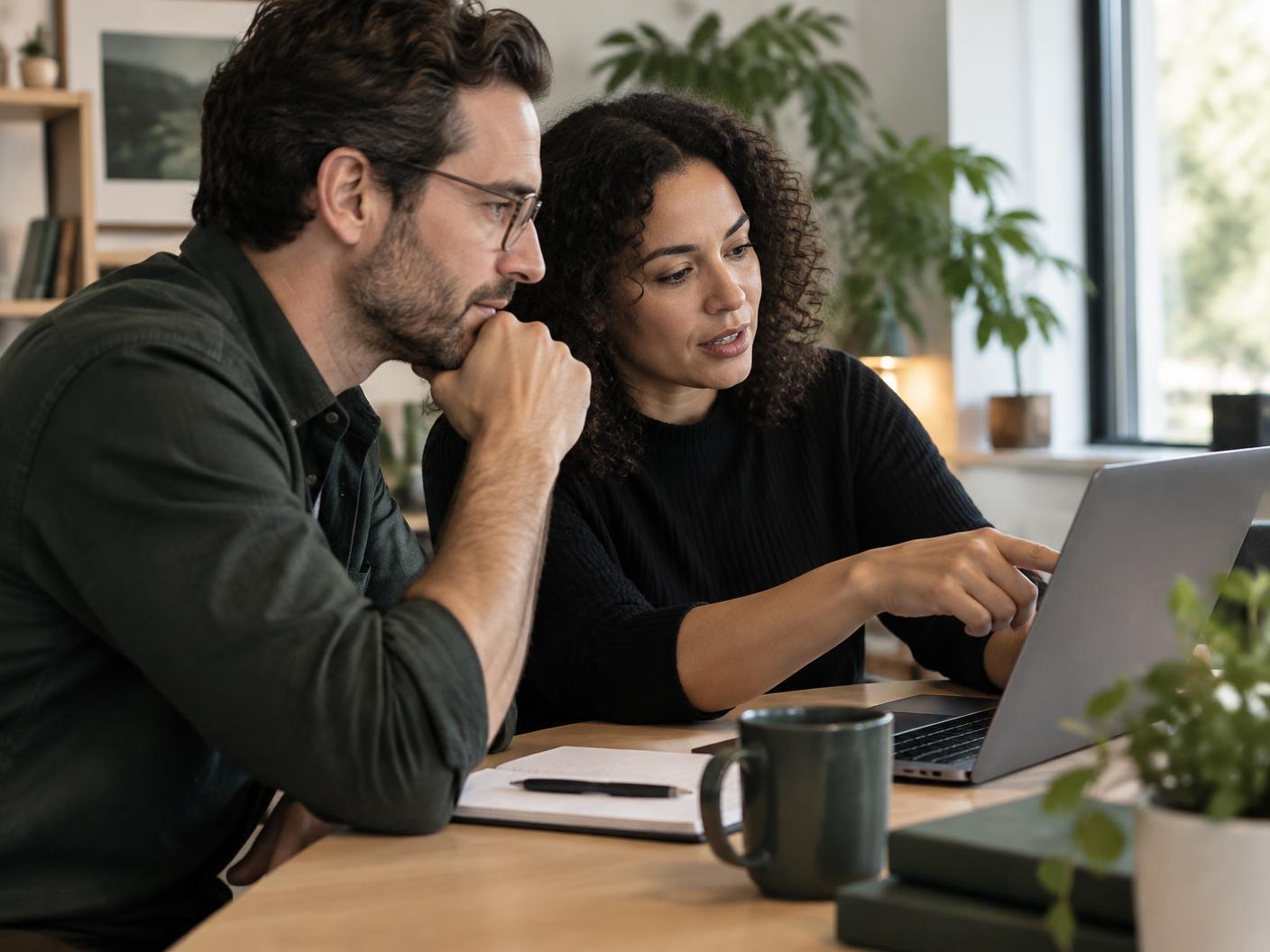 Two people reviewing a website together on a laptop