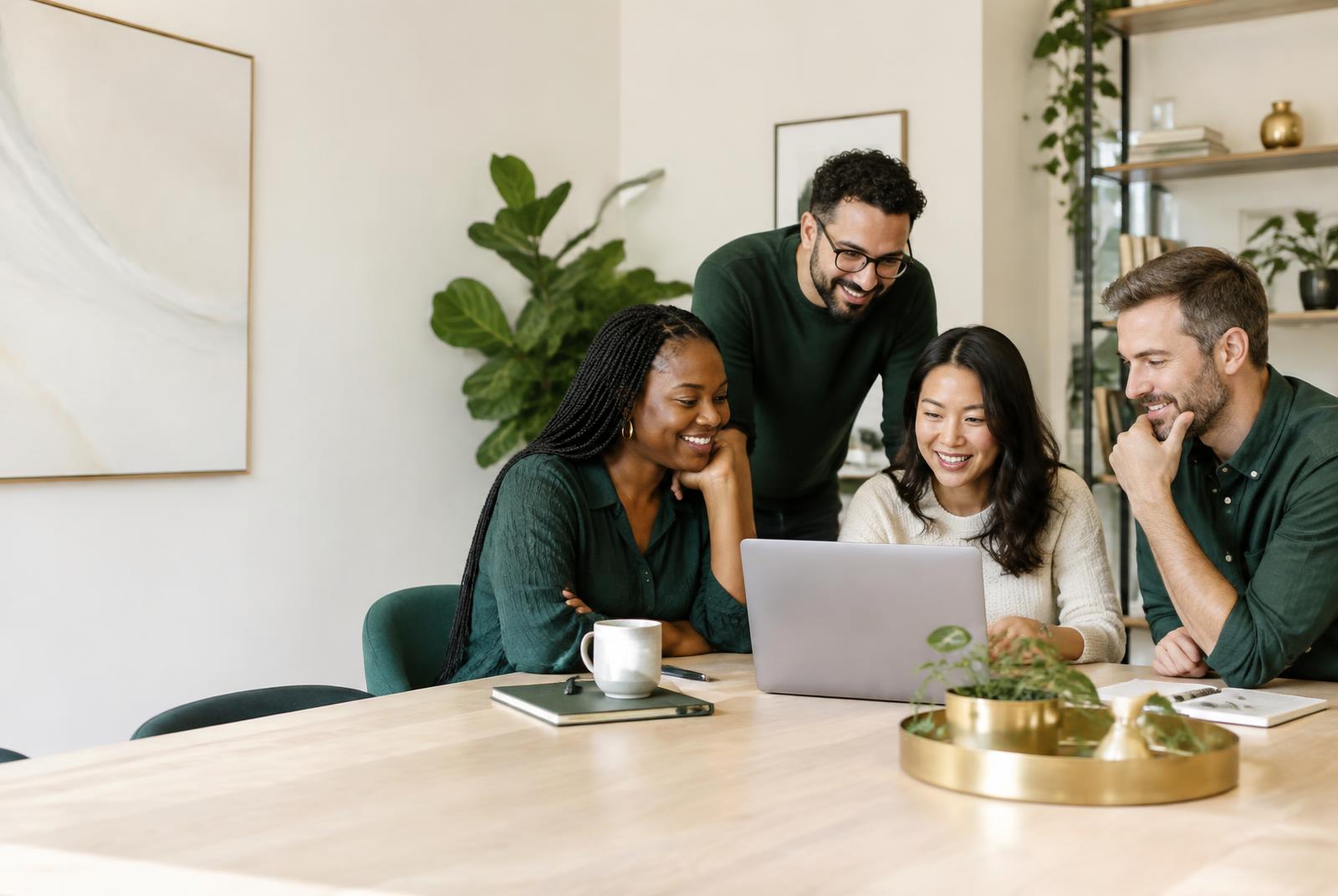 Four colleagues gathered around a laptop in a bright workspace